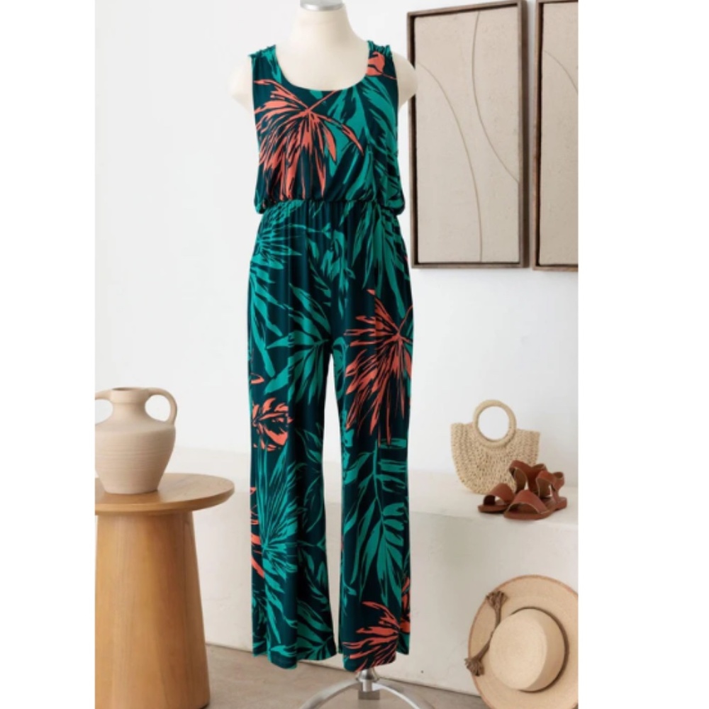 Sleeveless Tropical Print Wide-Leg Jumpsuit in Teal & Coral